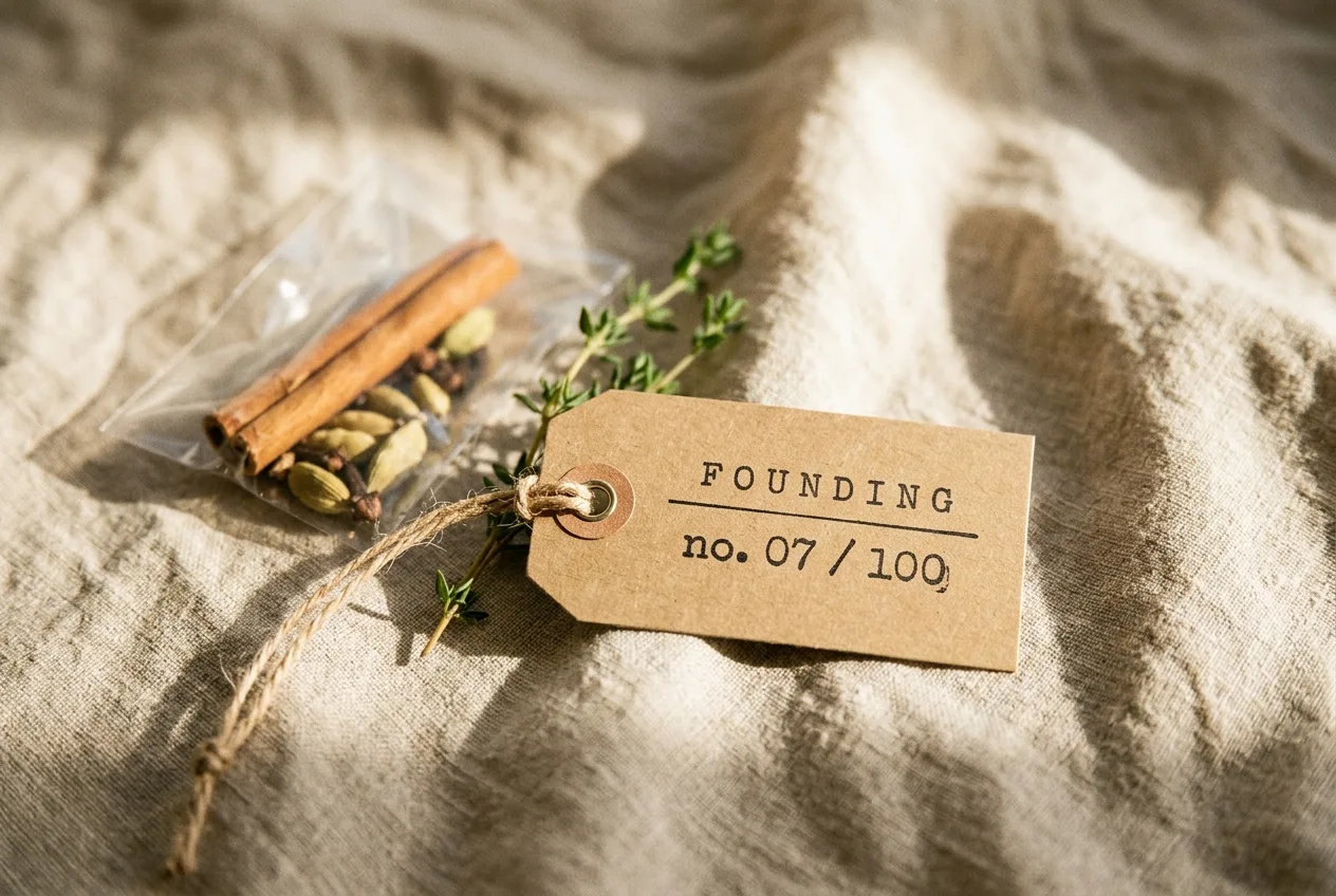 A kraft-paper tag stamped 'FOUNDING / no. 07 / 100' tied to a small transparent pack of whole spices on natural linen.