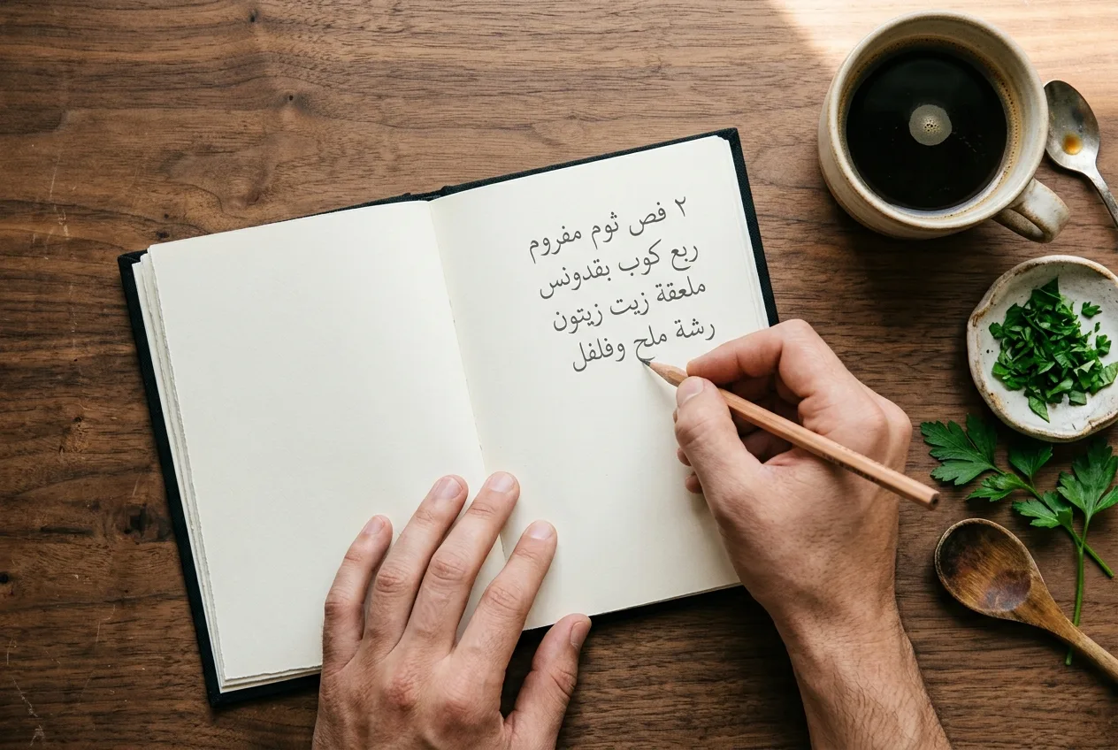 An adult hand writing Arabic recipe notes in pencil on the open page of a small black notebook on a walnut counter.