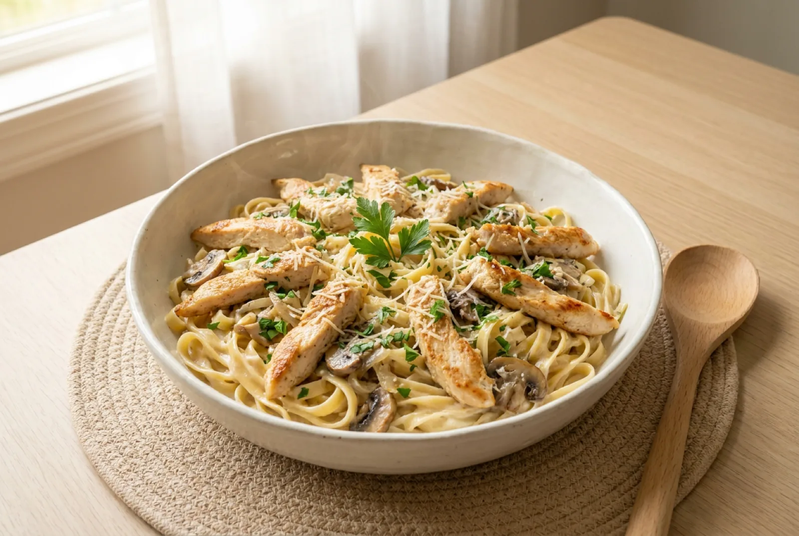 Fettuccine Alfredo with chicken, mushrooms and parsley in a cream sauce, served in a white ceramic bowl.
