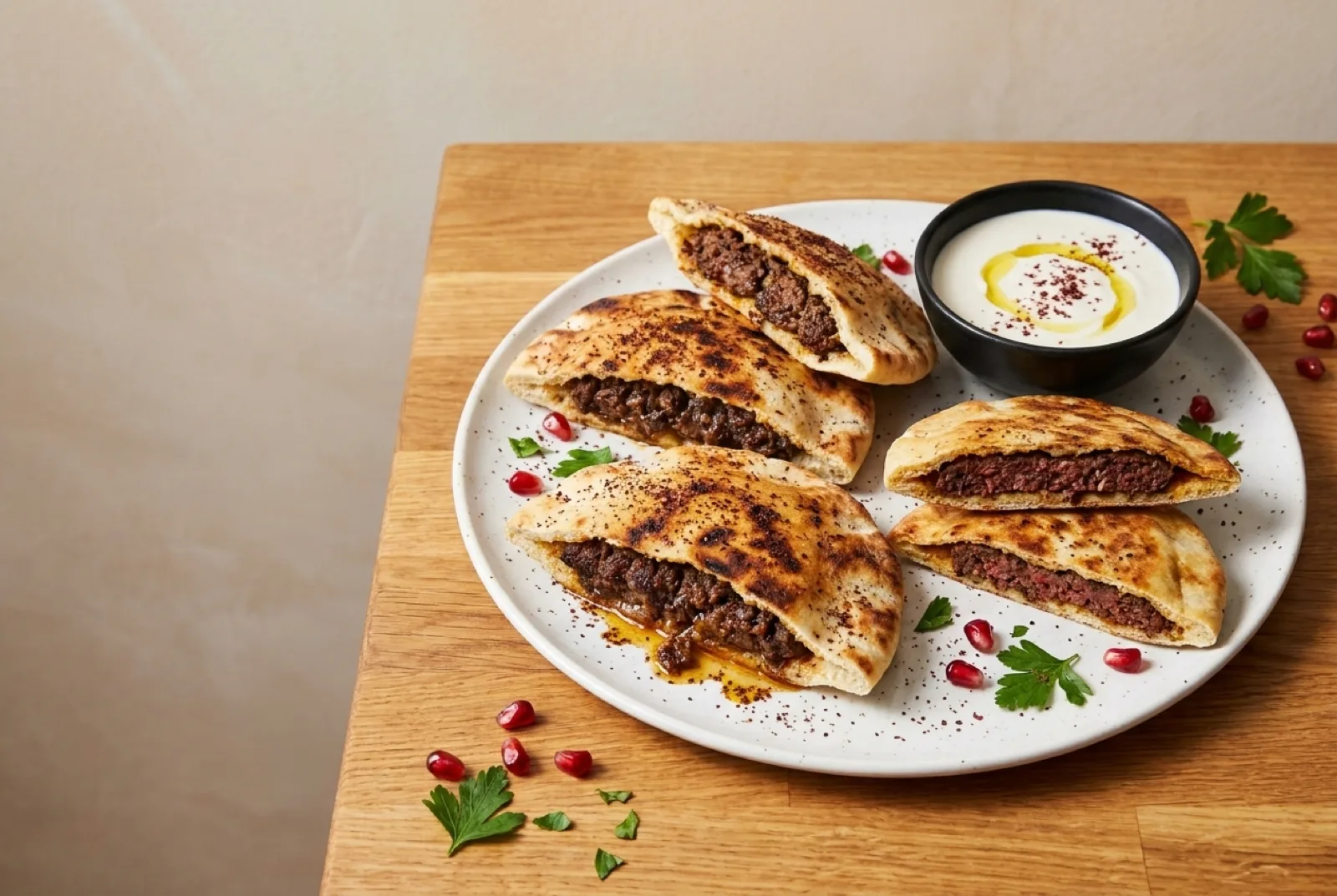 Crispy stuffed pita arayes with spiced beef and a side of tahini-yogurt sauce on a speckled white plate.