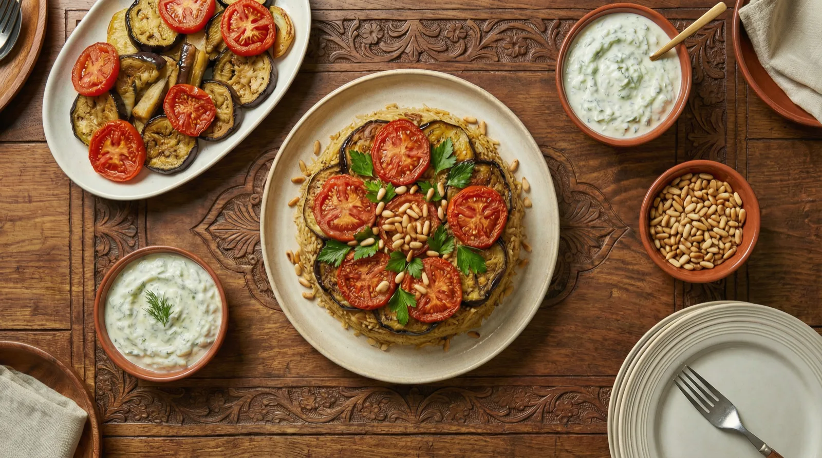 Maqluba — golden basmati rice topped with caramelized eggplant, tomato and pine nuts on a dark carved tray.