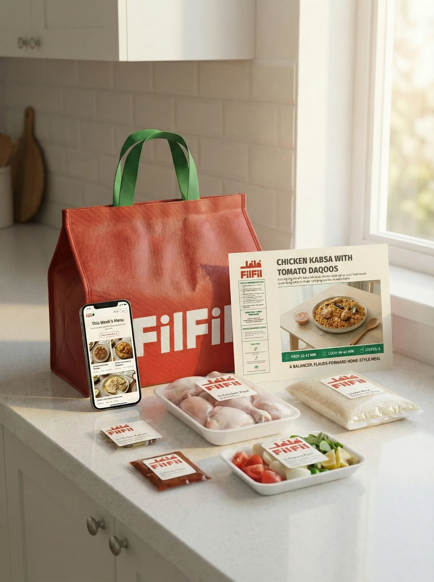 A red Filfil tote bag on a kitchen counter beside a phone showing this week's menu, a recipe card, and labeled ingredient packs.