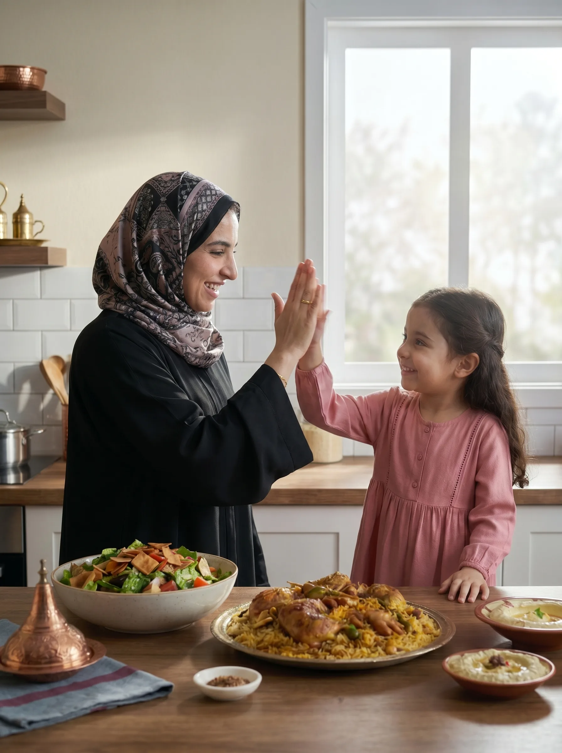 A Saudi mother and her daughter share a high-five at the kitchen counter beside a freshly cooked Maqluba.