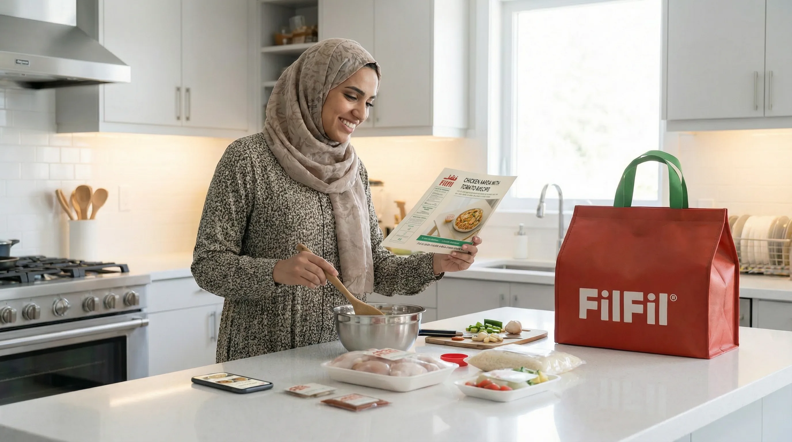 A young Saudi woman smiling as she reads a Filfil recipe card in her kitchen with a red Filfil tote bag and ingredient packs on the counter.