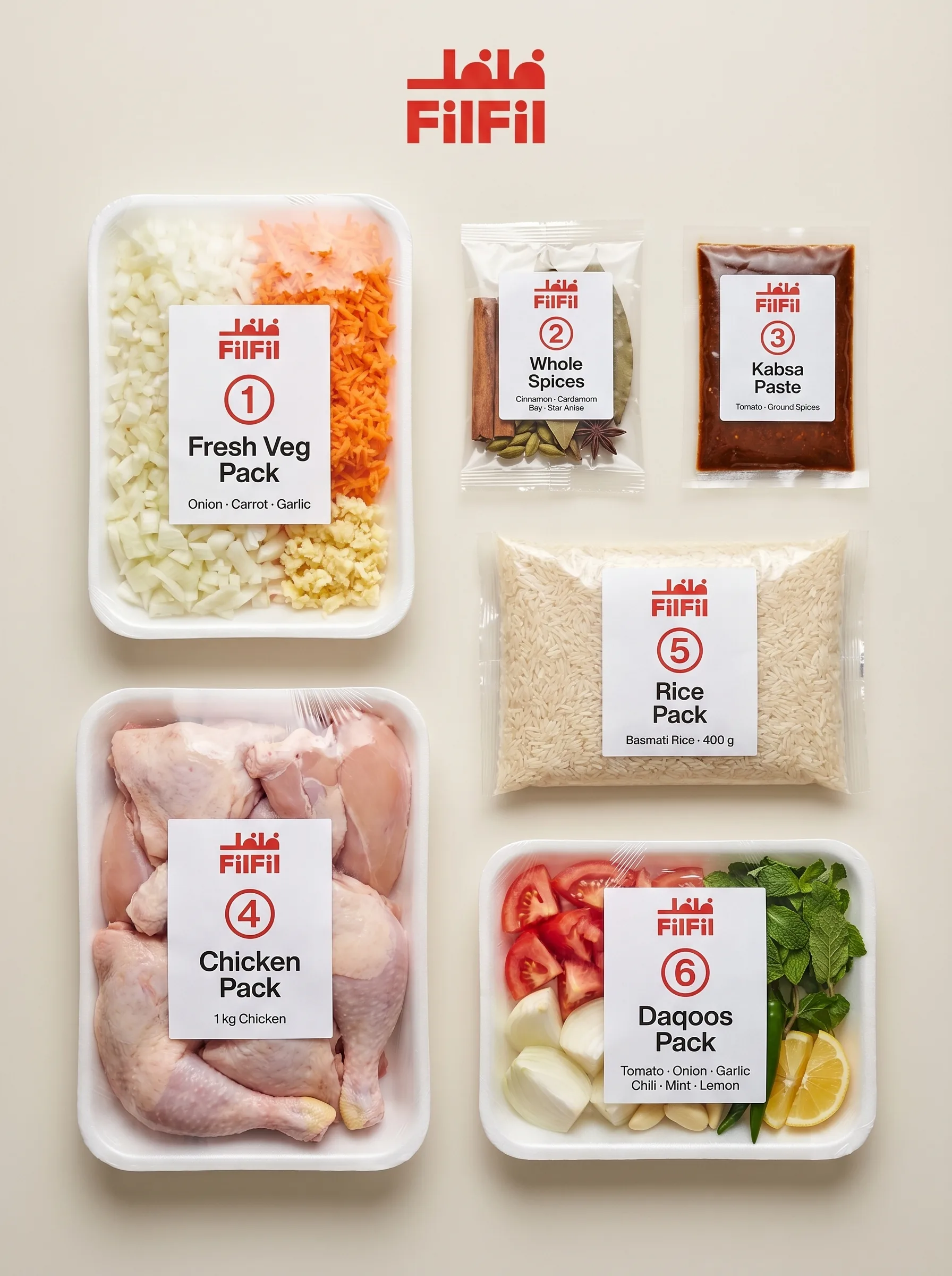 Filfil ingredient packs laid out: chicken, whole spices, paste, vegetables, sliced vegetables, basmati rice, pine nuts, cucumber yogurt salad.