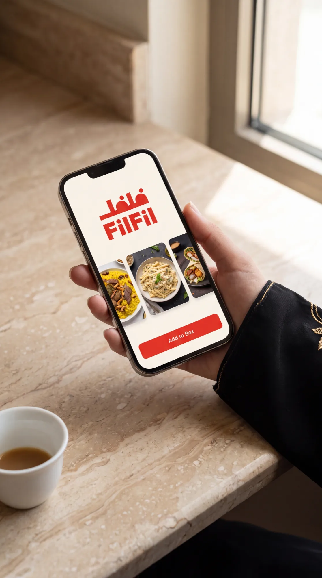 A Saudi woman holds a phone showing the FilFil app, with a finjan of Arabic coffee on the counter.