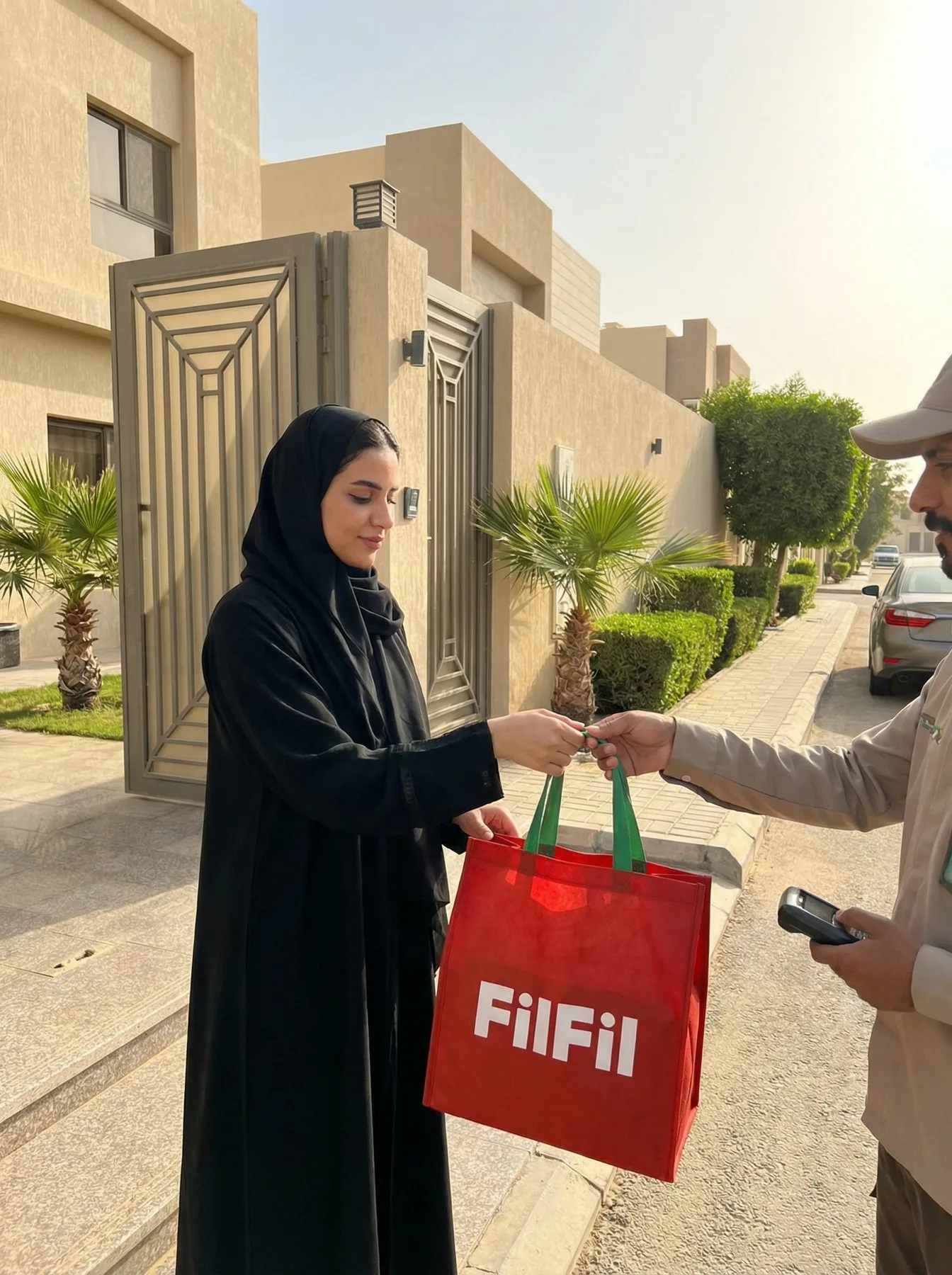 A Saudi delivery person hands a red FilFil tote bag to a woman in a black abaya outside a Riyadh villa.