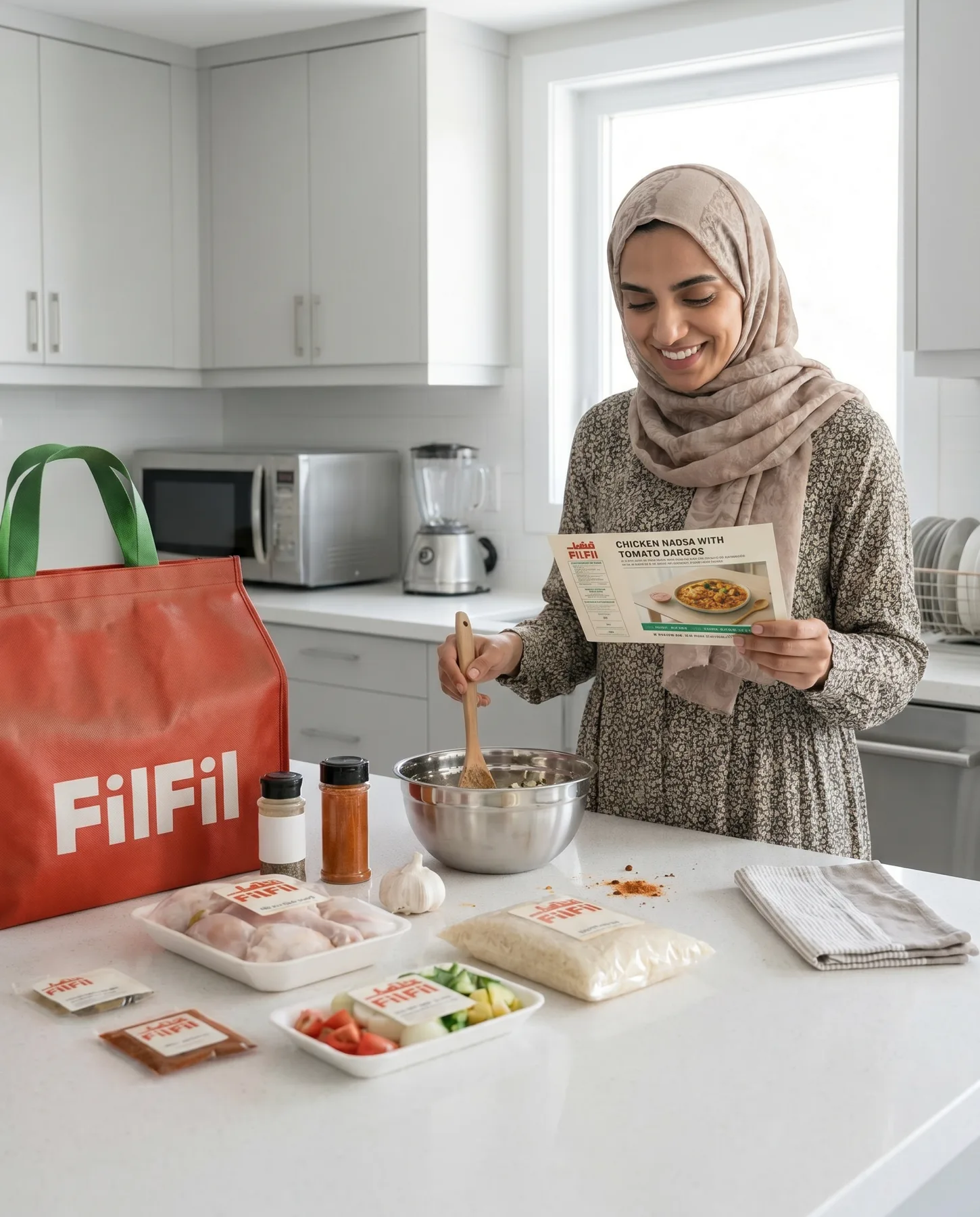 A Saudi woman holds a FilFil recipe card in her kitchen beside the red FilFil tote bag and ingredient packs.