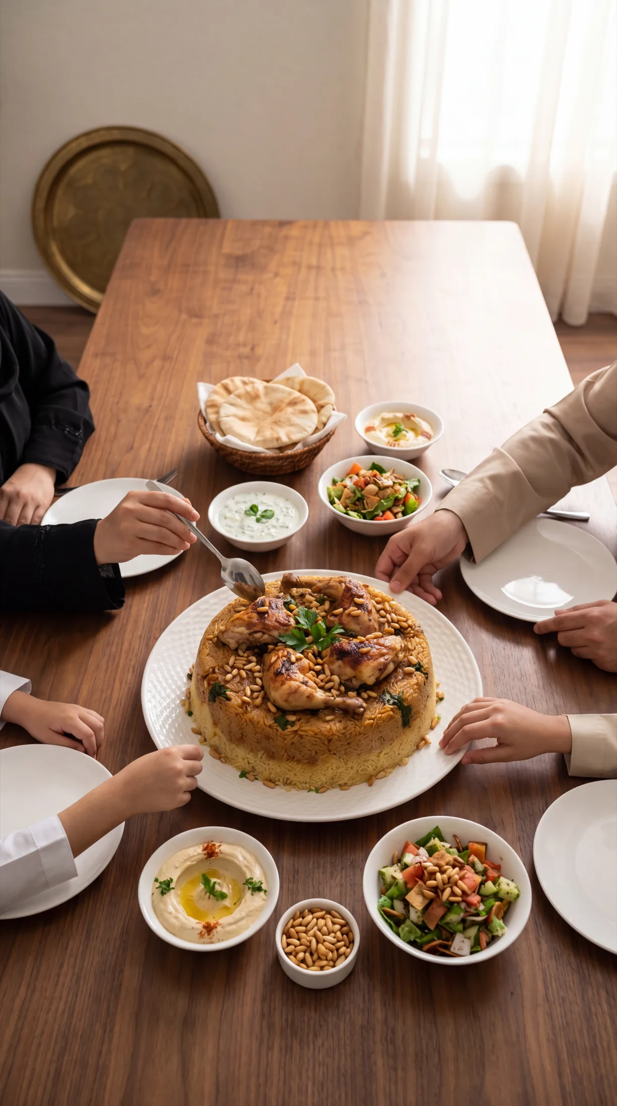 An overhead shot of a Saudi family table with Maqluba, hummus, fattoush and pita; four hands reach for the food.